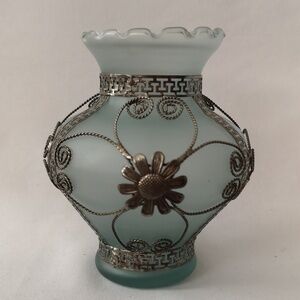 Very Sweet Vintage Blue Gray Satin Glass Vase with Lovely Metal Overlay Design